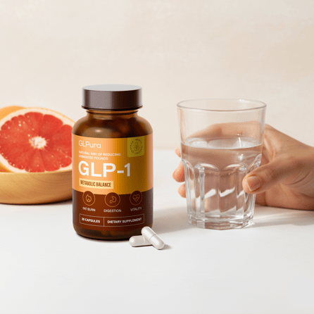 GLPura Kapseln mit einem Glas Wasser für die tägliche Einnahme